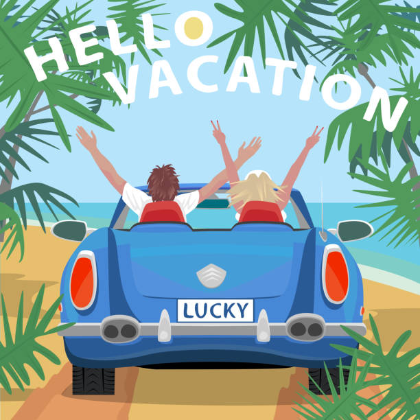 illustrations, cliparts, dessins animés et icônes de jeune couple en voiture cabriolet rétro sur la plage - enfants derrière voiture vacance