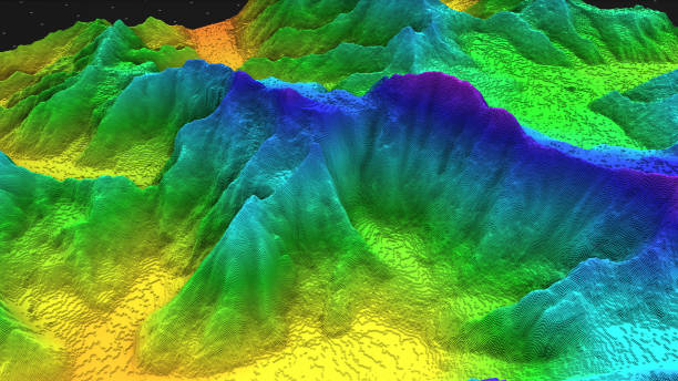 3D render of geology, soil slice, mountains isolated on dark background. cross section topology of ground relief with mountains and meadows. topology stock pictures, royalty-free photos & images