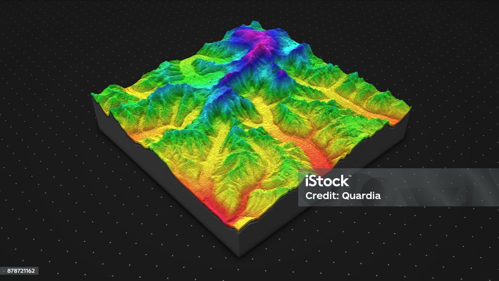 3D render of geology, soil slice, mountains isolated on dark background. cross section topology of ground relief with mountains and meadows. Topography Stock Photo