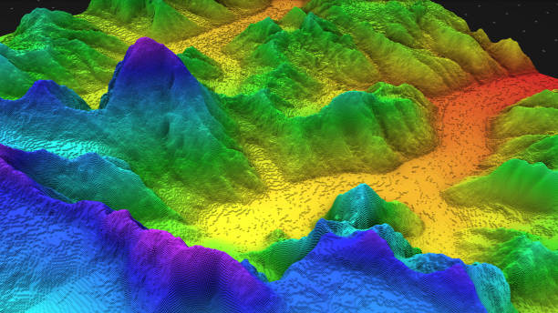 3D render of geology, soil slice, mountains isolated on dark background.