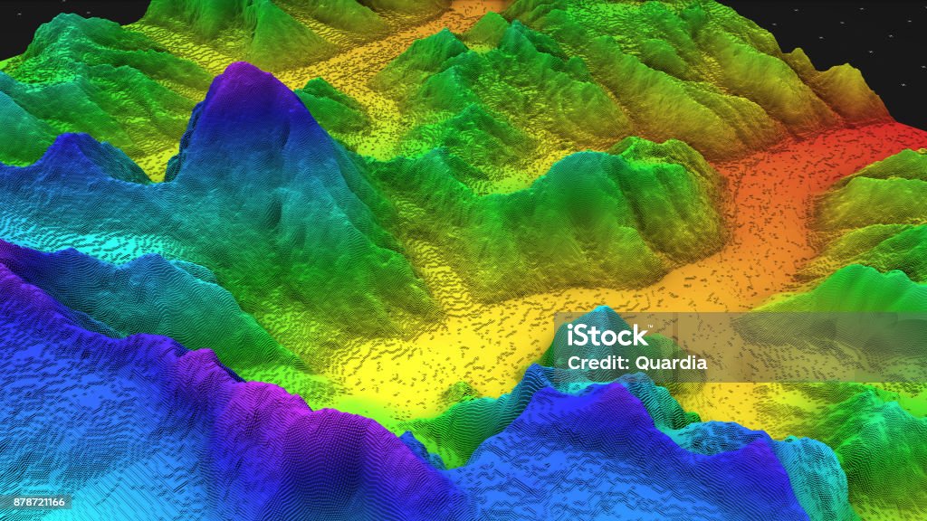 3D render of geology, soil slice, mountains isolated on dark background. cross section topology of ground relief with mountains and meadows. Geology Stock Photo