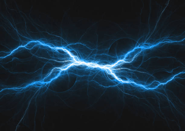 Blue electrical lightning, abstract plasma background stock photo