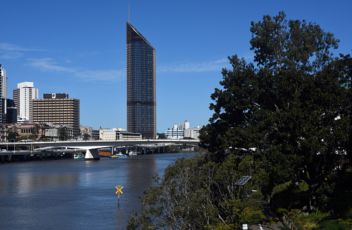 Framed by mangrove bushes, the Victoria Bridge - opened in 1969 - spans the Brisbane River. In the background is the 1 William Street state government administration building. To the left is the old administration building.