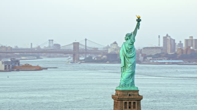 AERIAL Statue of Liberty overlooking New York