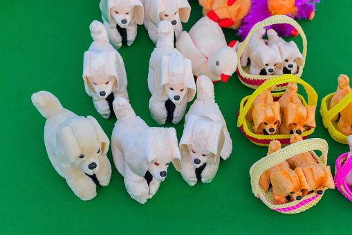 Colourful dolls of puppies, cubs of dogs, artworks of handicraft, at Handicraft Fair in Kolkata - the biggest handicrafts fair in Asia.