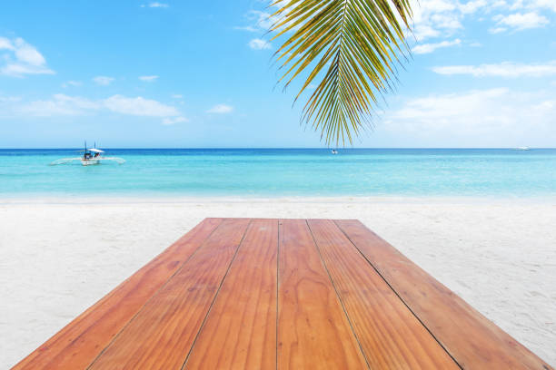istock Wooden table surface and tropical beach background 878761332