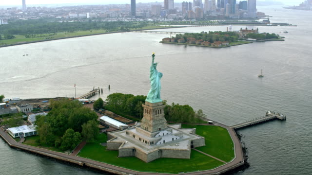 AERIAL Statue of Liberty on Liberty Island, NY