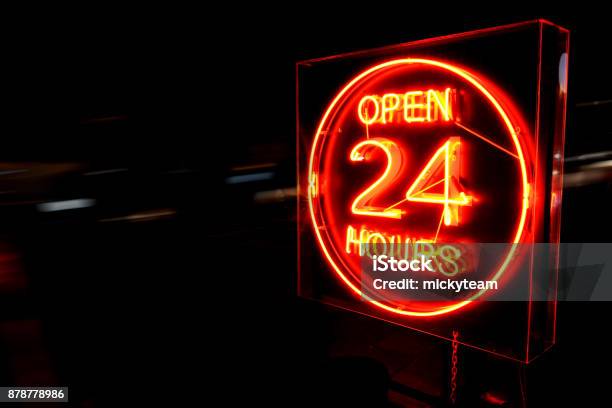 25 Hours Neon Sign Stock Photo - Download Image Now - Convenience, Neon Lighting, Bar - Drink Establishment