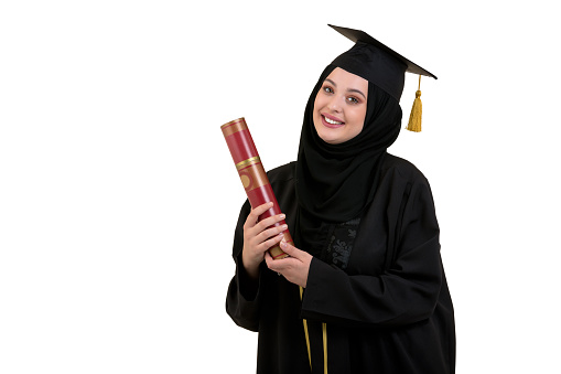Happy graduate arabic muslim student with diploma.
