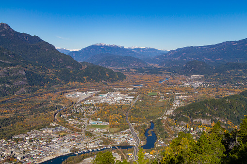 A scenic landscape view of Squamish and the Sea to Sky Corridor viewed from the summit of the Chief
