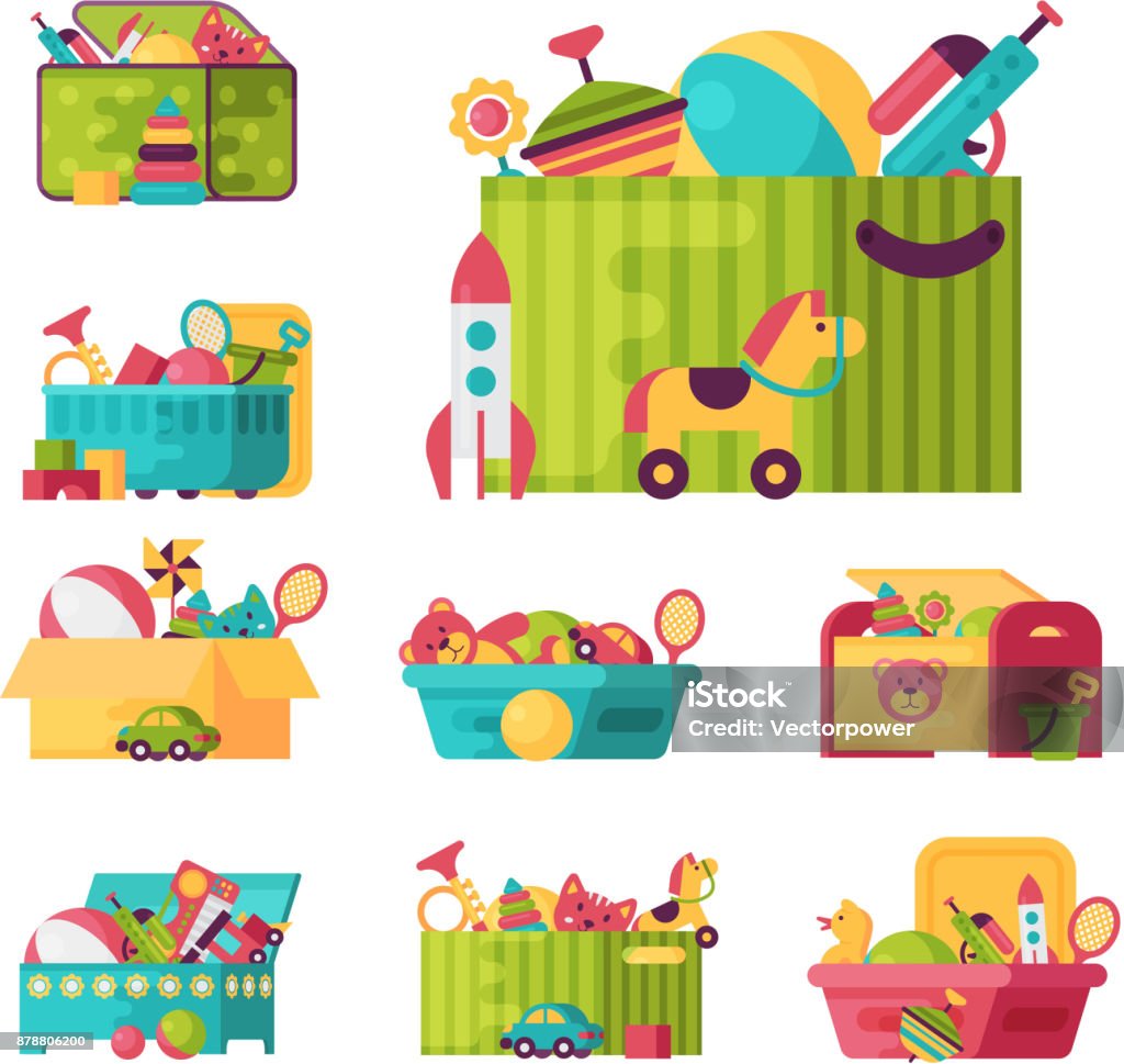 Full kid toys in boxes for kids play childhood babyroom container vector illustration Full kid toys in boxes for kids play childhood babyroom container vector illustration. Cardboard children playroom Toy stock vector