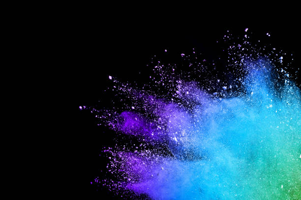 splash of colorful powder over black background. - powder blue imagens e fotografias de stock