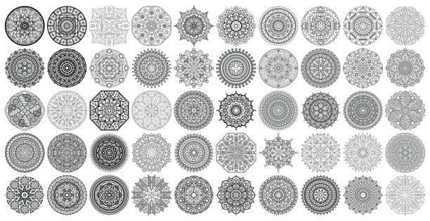 Big vector set of round patterns. Collection of geometrical mandalas. Boho ornament. Big vector set of round patterns. Collection of geometrical mandalas. Boho ornament. Yoga mandala stock illustrations
