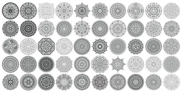 Vector illustration of Big vector set of round patterns. Collection of geometrical mandalas. Boho ornament.