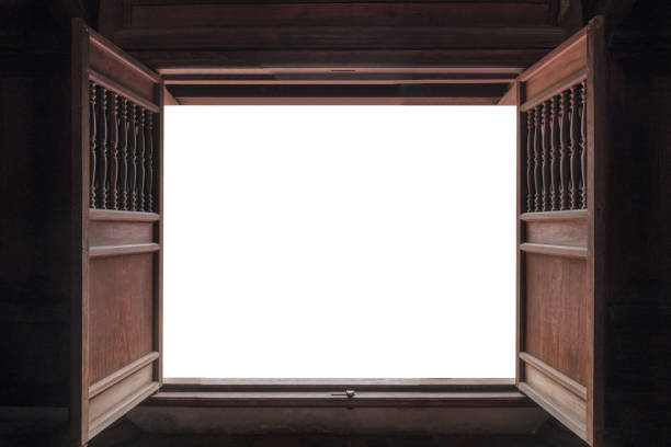 Open old wooden door, copy space white background