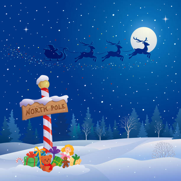 ilustrações, clipart, desenhos animados e ícones de trenó de polo norte e santa - santa claus sleigh toy christmas