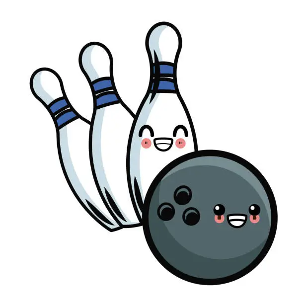 Vector illustration of Bowling ball and pins kawaii cute cartoon