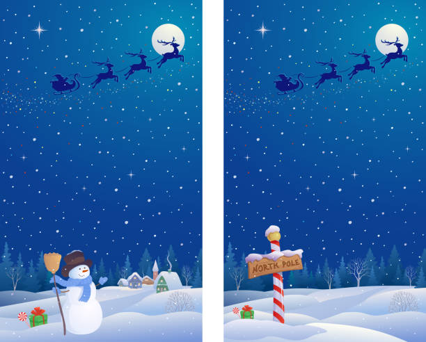 Snowman and north pole banners Vector illustration of cute snowman and North Pole landscapes north pole stock illustrations