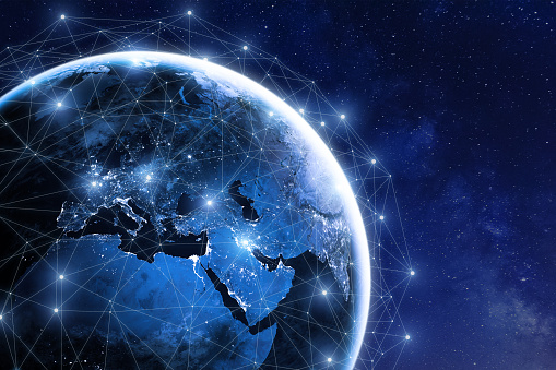 Global communication network around planet Earth in space, worldwide exchange of information by internet and connected satellites for finance, cryptocurrency or IoT technology