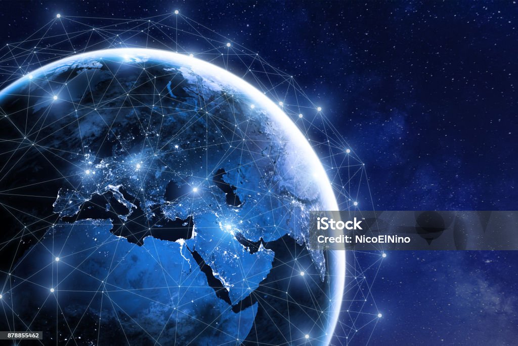 Global communication network around planet Earth in space, worldwide exchange Global communication network around planet Earth in space, worldwide exchange of information by internet and connected satellites for finance, cryptocurrency or IoT technology Global Communications Stock Photo