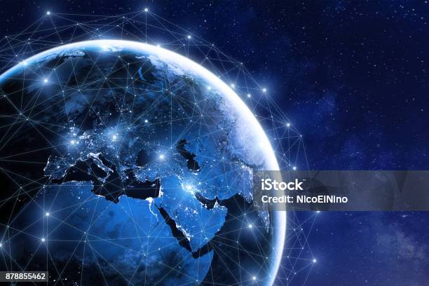 Global Communication Network Around Planet Earth In Space Worldwide Exchange Stock Photo - Download Image Now