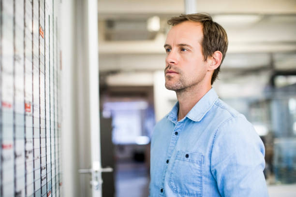 istock Businessman looking at whiteboard in office 878862908
