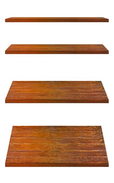 istock Wooden shelf brown template set isolated on white background with clipping path. For decorated interior or montage of your product on shelf. 878863064