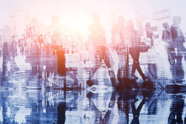 istock crowd of people double exposure, business background 878863296