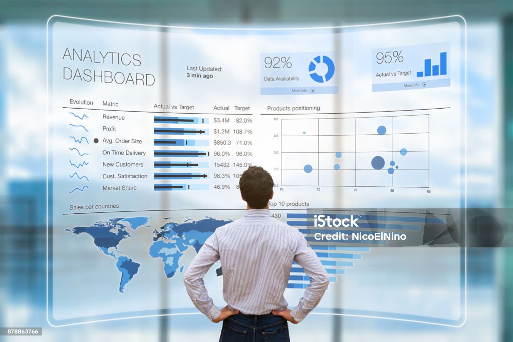 Businessman analyzing business analytics or intelligence dashboard, VR screen, KPI Businessman analyzing a business analytics (BA) or intelligence (BI) dashboard on virtual screen showing sales and operations data statistics charts and key performance indicators (KPI) Dashboard - Visual Aid Stock Photo