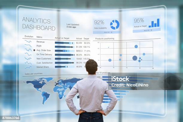 Businessman Analyzing Business Analytics Or Intelligence Dashboard Vr Screen Kpi Stock Photo - Download Image Now