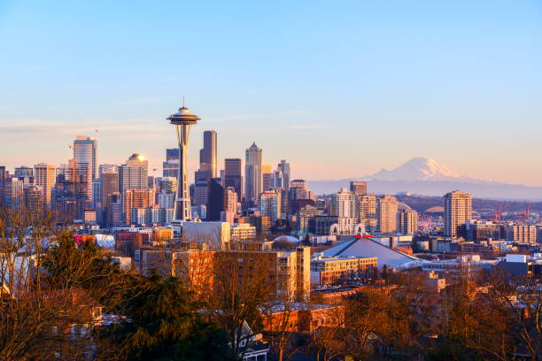 skyline di seattle, wa - seattle night skyline architecture and buildings foto e immagini stock