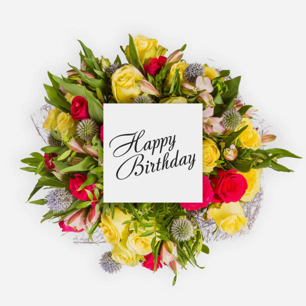 istock Happy Birthday card with flowers flat lay 878871448