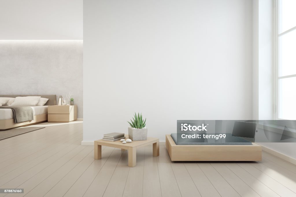 Indoor plant on wooden coffee table and modern furniture with empty white concrete wall background, Bedroom near living room in scandinavian house 3d rendering of home interior Living Room Stock Photo