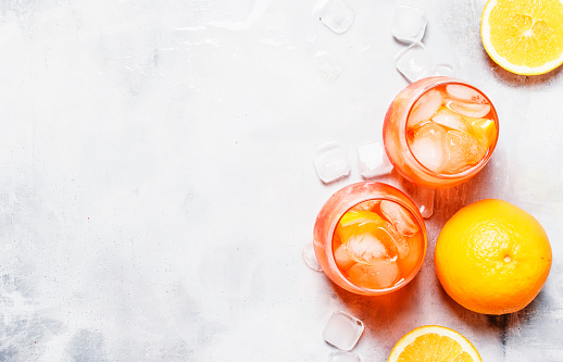 Italian Orange Cocktail With Aperitif, Ice, Sparkling Wine And Orange Slice, Top View