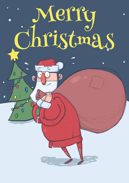 Christmas card with funny confused Santa Claus with big bag in the snowy night in front of Christmas tree. Santa looks lost. Vertical vector illustration. Cartoon character. Lettering. Copy space. Christmas card of funny confused Santa Claus with big bag in the snowy night in front of Christmas tree. Santa looks lost. Vertical vector illustration. Cartoon character. Lettering. Copy space. lost in space stock illustrations