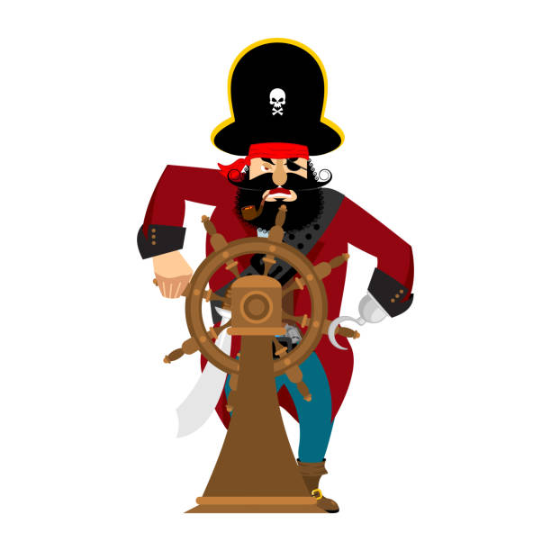 illustrazioni stock, clip art, cartoni animati e icone di tendenza di capitano pirata in ruota isolata. boss buccaneer isolato. illustrazione vettoriale - buccaneer