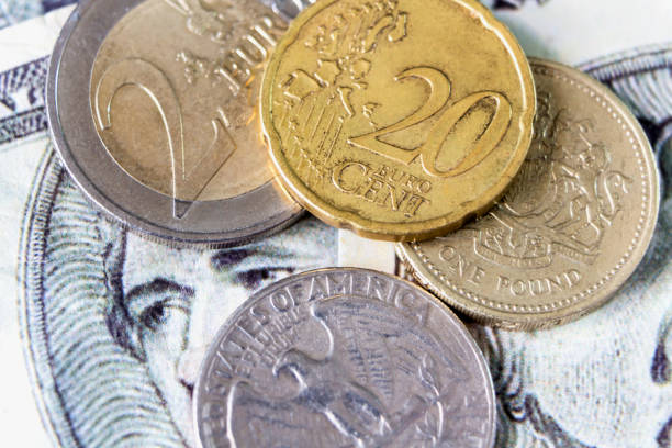 British one pound coin and dollar coin placed on dollar banknote background.
