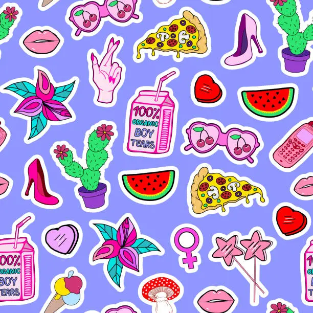 Vector illustration of Seamless pattern with fashion patch badges with lollipops, shoes, watermelons, pizza, sunglasses, hearts, mushrooms, high hill shoes, lips.