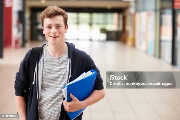 Portrait Of Male Student Standing In College Building Stock Photo - Download Image Now