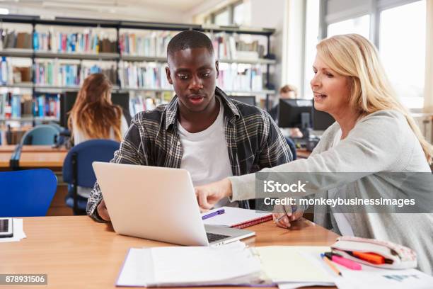 Photo libre de droit de Étudiant Au Collège A Des Cours Particuliers De Lenseignant Dans La Bibliothèque banque d'images et plus d'images libres de droit de Niveau d'éducation