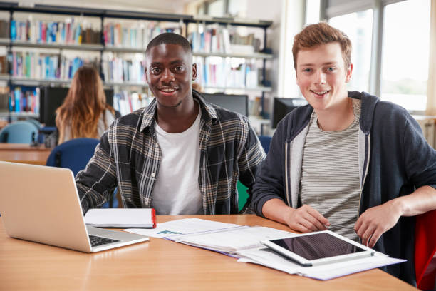 ライブラリのプロジェクトに協力して 2 つの男性大学生 - african ethnicity student child group of people ストックフォトと画像