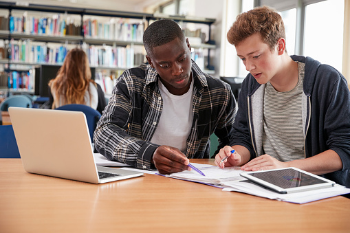 Two Male College Students Collaborating On Project In Library