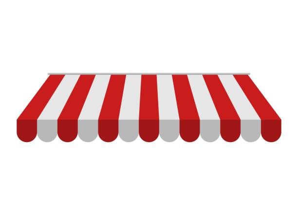 illustrations, cliparts, dessins animés et icônes de auvent isolé sur fond blanc. rayé rouge et blanc parasol pour magasins, cafés et restaurants de rue. auvent extérieur du soleil - furniture store furniture retail textile