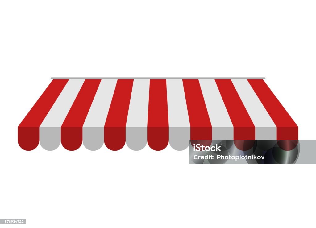 Awning isolated on white background. Striped red and white sunshade for shops, cafes and street restaurants. Outside canopy from the sun Awning isolated on white background. Striped red and white sunshade for shops, cafes and street restaurants. Outside canopy from the sun. Vector illustration Awning stock vector