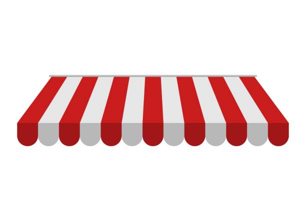 Awning isolated on white background. Striped red and white sunshade for shops, cafes and street restaurants. Outside canopy from the sun Awning isolated on white background. Striped red and white sunshade for shops, cafes and street restaurants. Outside canopy from the sun. Vector illustration entertainment tent illustrations stock illustrations