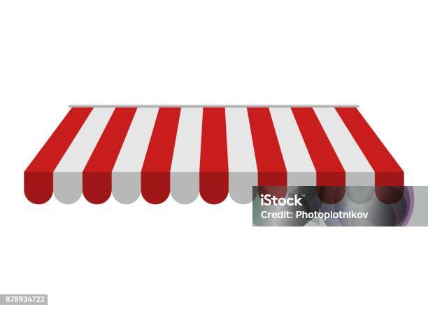 Awning Isolated On White Background Striped Red And White Sunshade For Shops Cafes And Street Restaurants Outside Canopy From The Sun Stock Illustration - Download Image Now