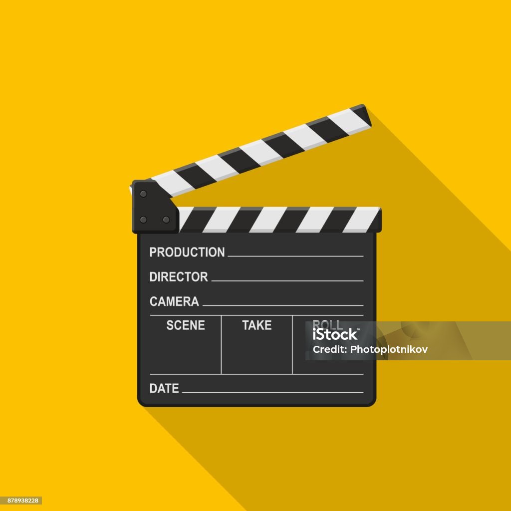 Icône du cinéma clapper board sur fond jaune avec une ombre. Cinéma Clap film vierge - clipart vectoriel de Clap de cinéma libre de droits