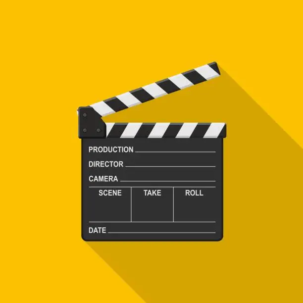 Vector illustration of Film clapper board icon on yellow background with shadow. Blank movie clapper cinema