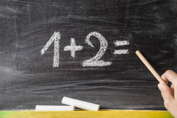 istock Drawn numbers by chalk. Teacher pointing and teaching math for little kids on the blackboard. Education concept. 878938410