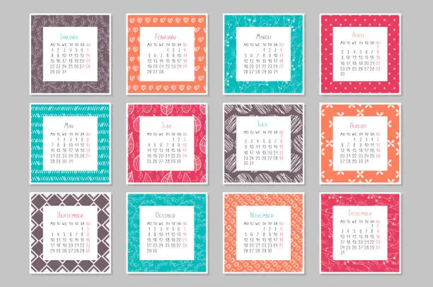 Vector illustration of 2018 Calendar with different seamless hand-drawn patterns